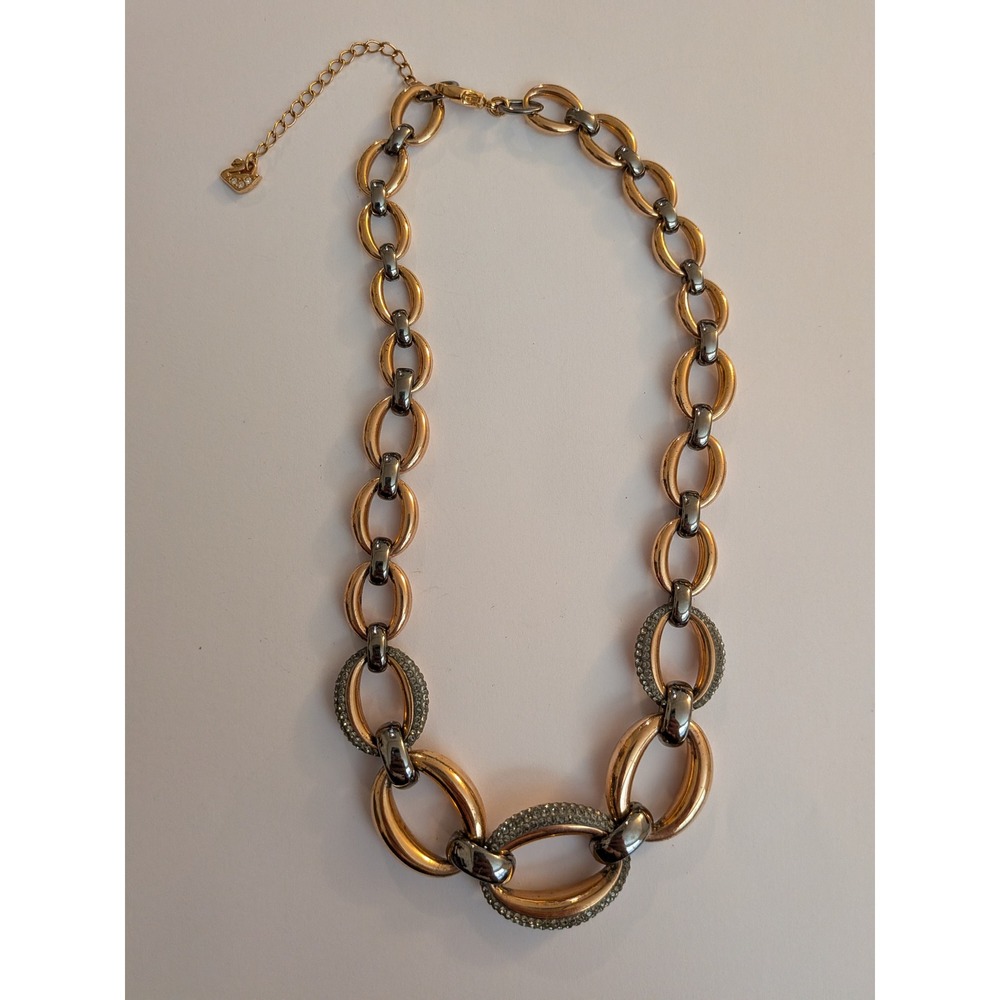 Swarovski‎ Mixed Metal Crystal Pave Oval Link Statement Necklace Gold Ruthenium